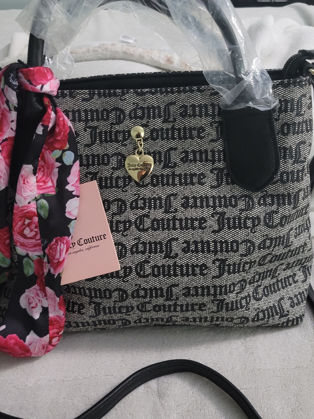 Juicy Couture Mini Tote Bag Black Beige Logo Print Scarf Crossbody